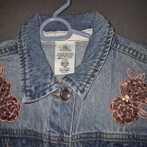 Disney Blue Denim Jacket with Pink Sequin Rose Appliqués